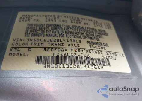 2008 Nissan Versa 1.8Sl из США, поврежденный, VIN 3N1BC13E28L413813